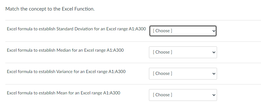 Please help! Please Match the concept to the Excel Function. Excel formula
