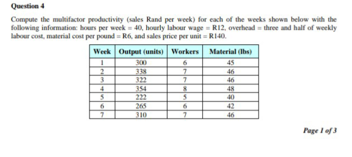 Compute the multifactor productivity (sales Rand per week) for each of