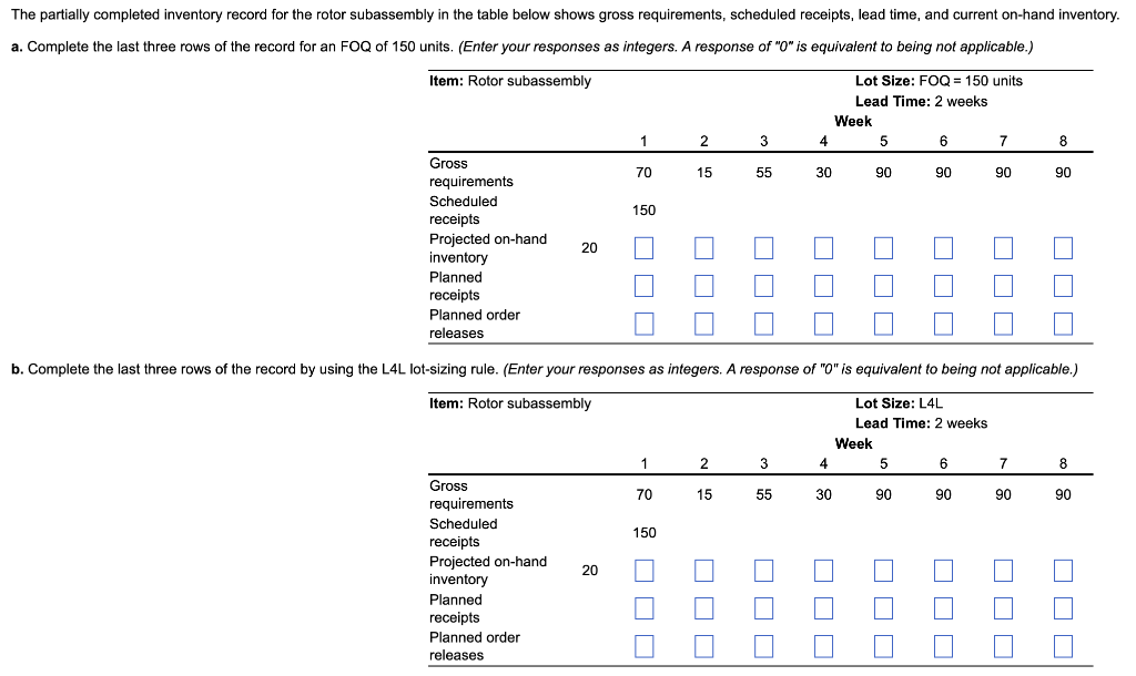  The partially completed inventory record for the rotor subassembly in the