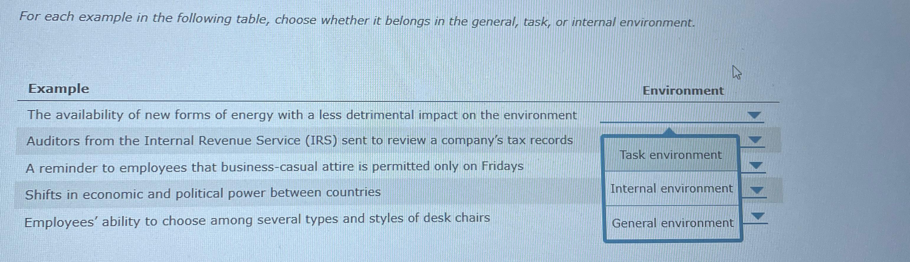  For each example in the following table, choose whether it belongs