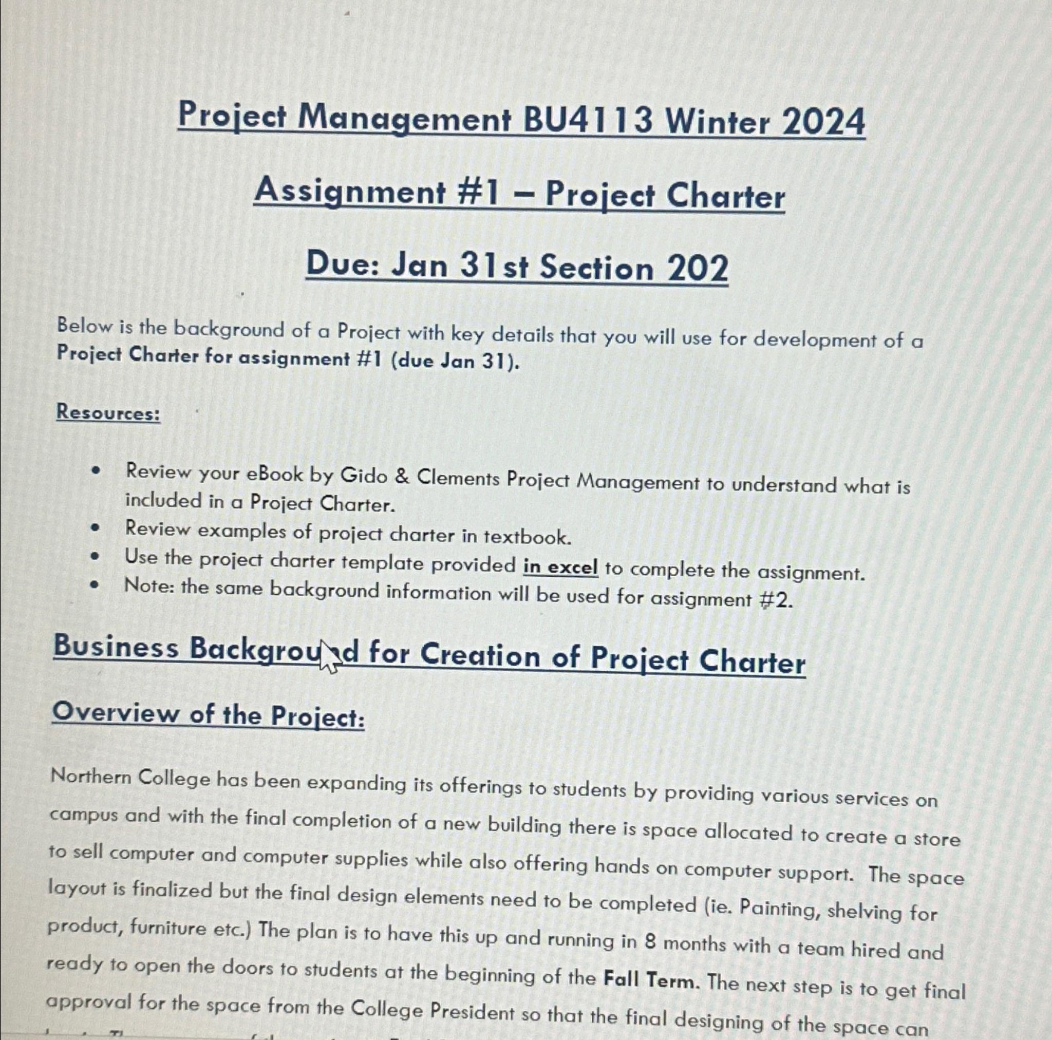  Project Management BU4113 Winter 2024 Assignment #1- Project Charter Due: Jan