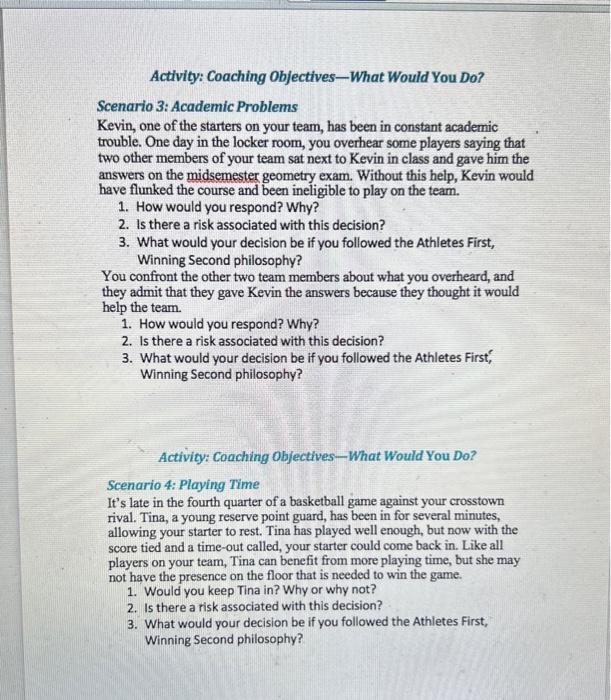 coaching management read directions Activity: Coaching Objectives-What Would You Do? Scenario 3: