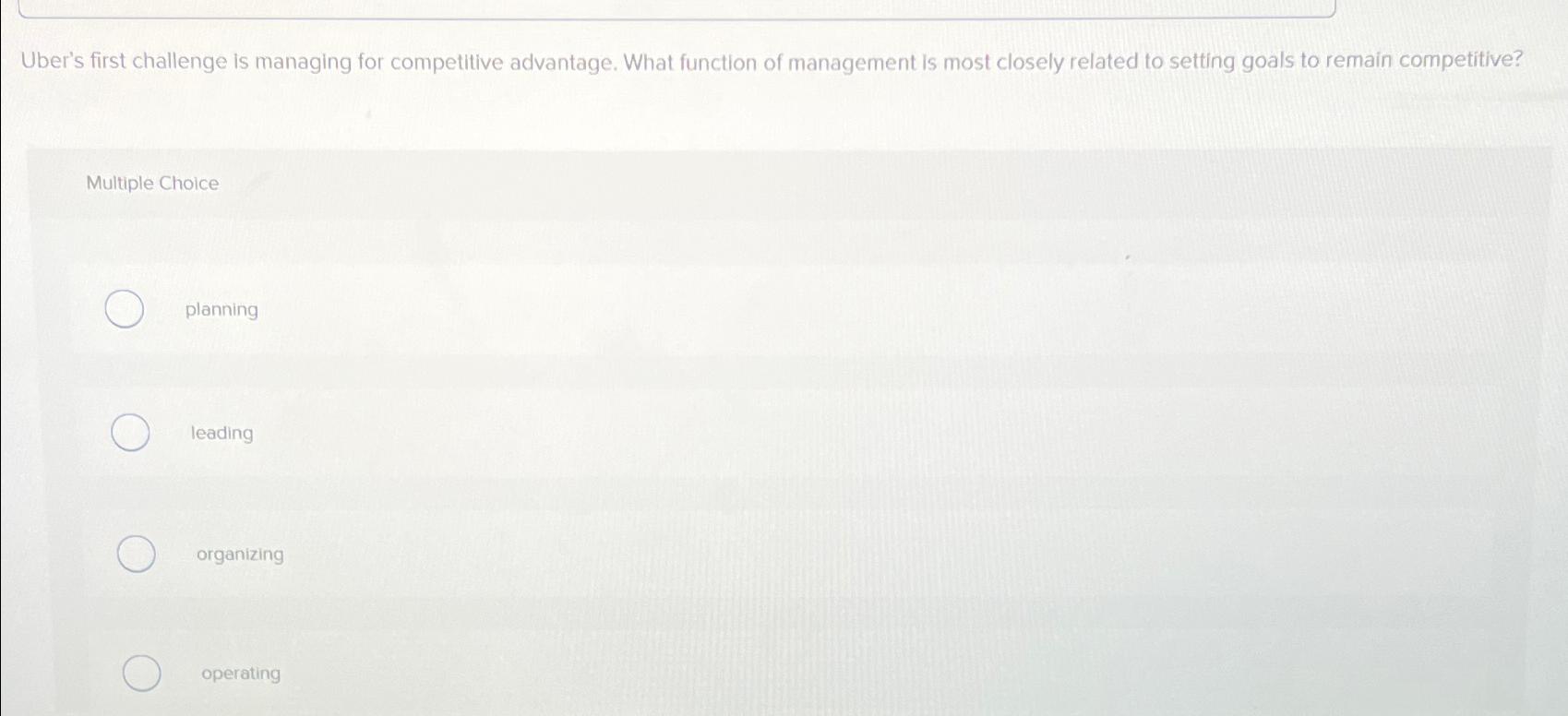  Uber's first challenge is managing for competitive advantage. What function of