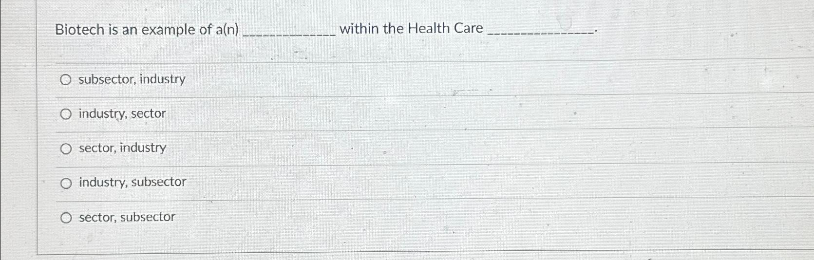  Biotech is an example of a(n) within the Health Care subsector,