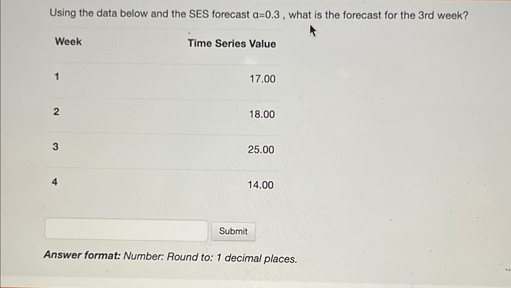  Using the data below and the SES forecast a=0.3, what is