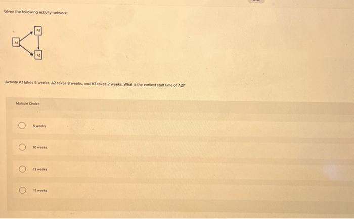 3 Given the foblowing activity network- Activity At takes 5 weeks, A2