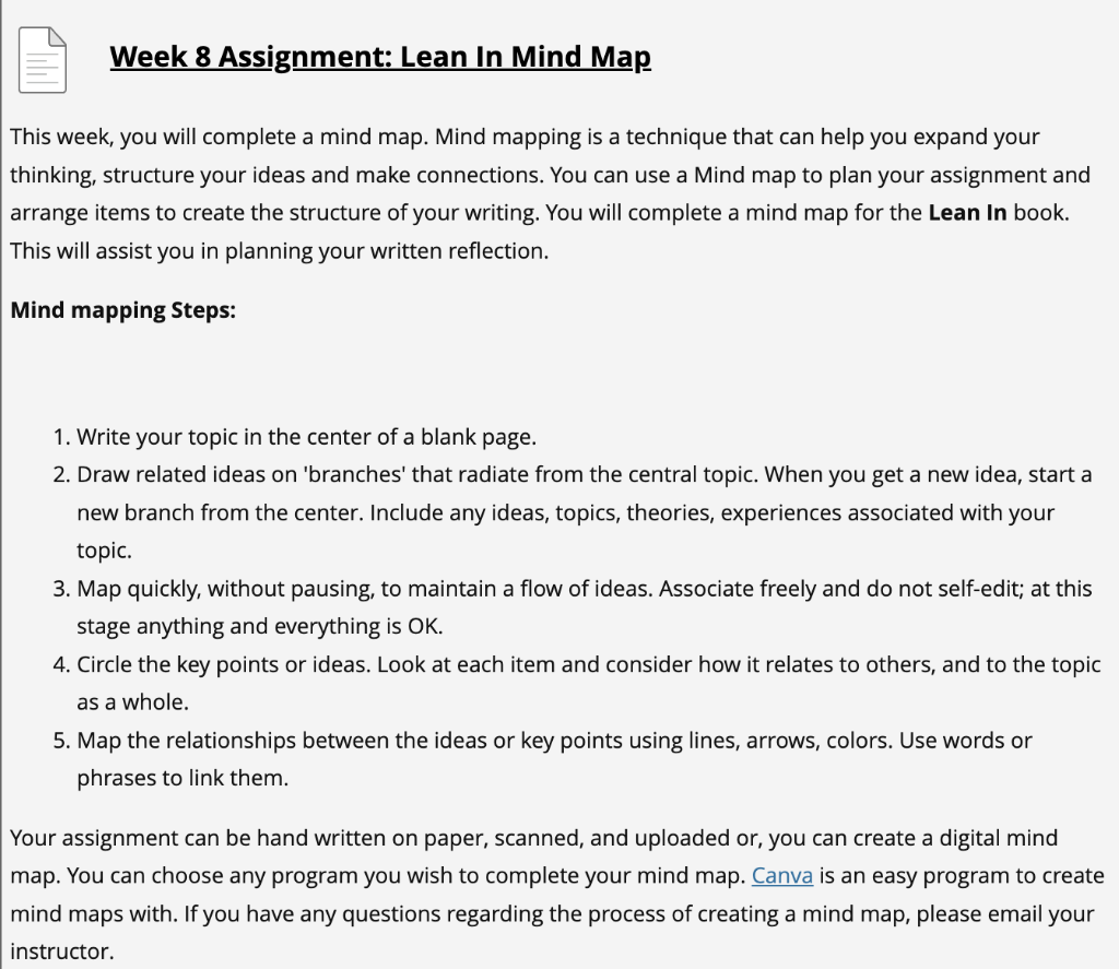  This week, you will complete a mind map. Mind mapping is