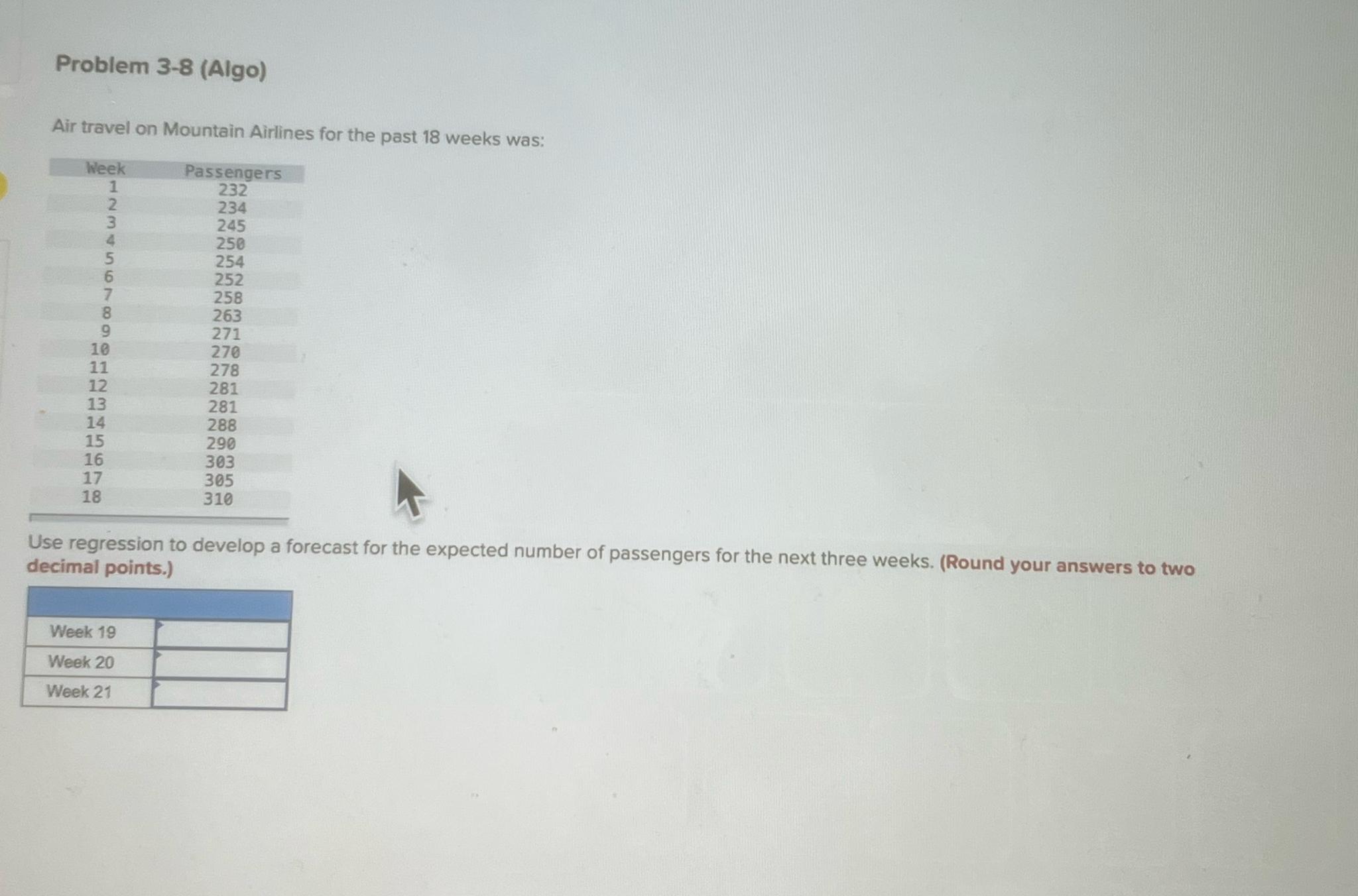  Problem 3-8(Algo) Air travel on Mountain Airlines for the past 18