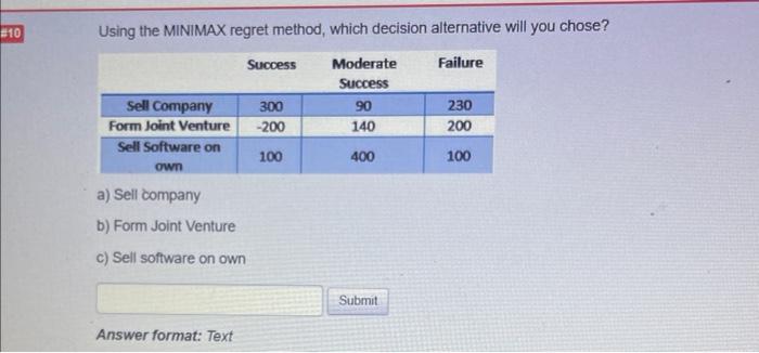 Using the MINIMAX regret method, which decision alternative will you chose? a)