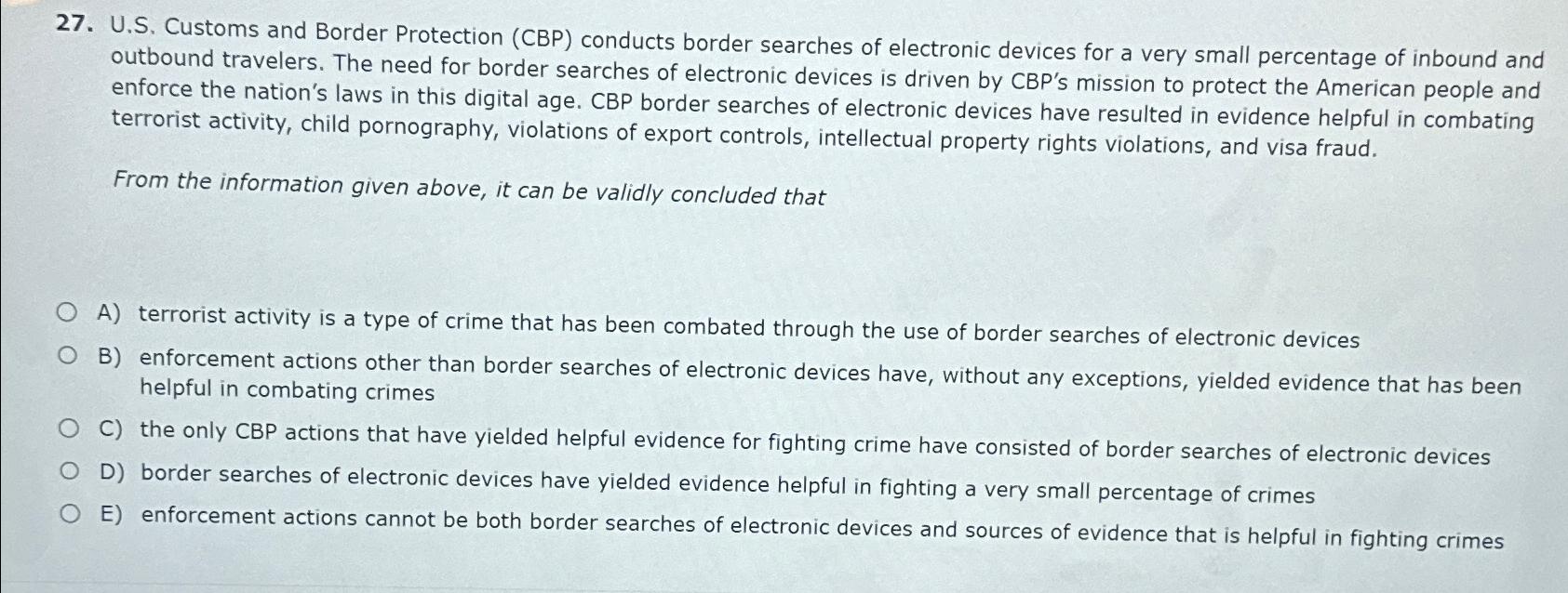  U.S. Customs and Border Protection (CBP) conducts border searches of electronic