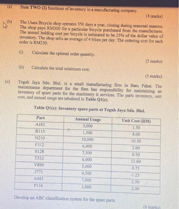 marks) (b) Explain TWO (2) assumptions of the Economic Order Quantity (EOQ)