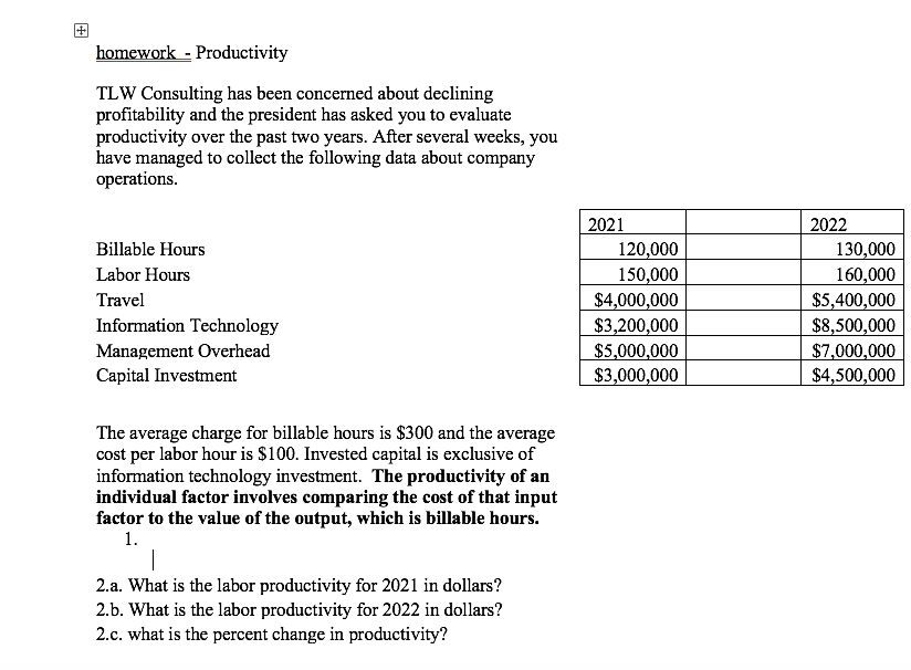 homework - Productivity TLW Consulting has been concerned about declining profitability