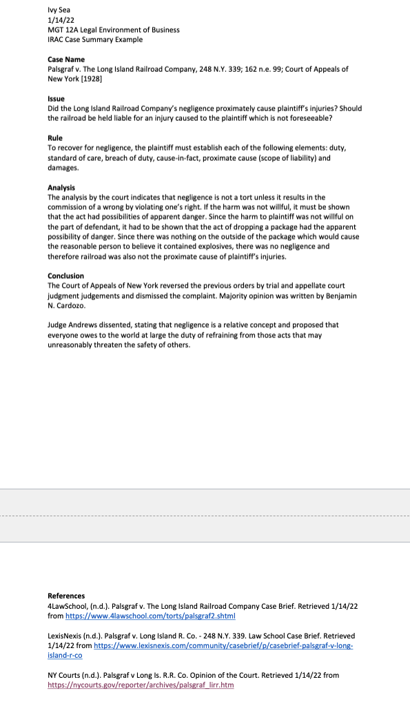 summary, aka brief, you will identify the problem the court faced (the