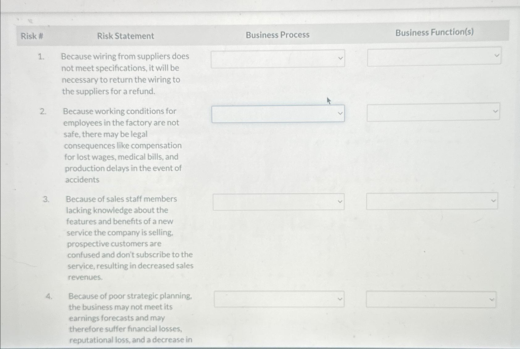  Risk # Risk Statement Business Process Business Function(s) Because wiring from