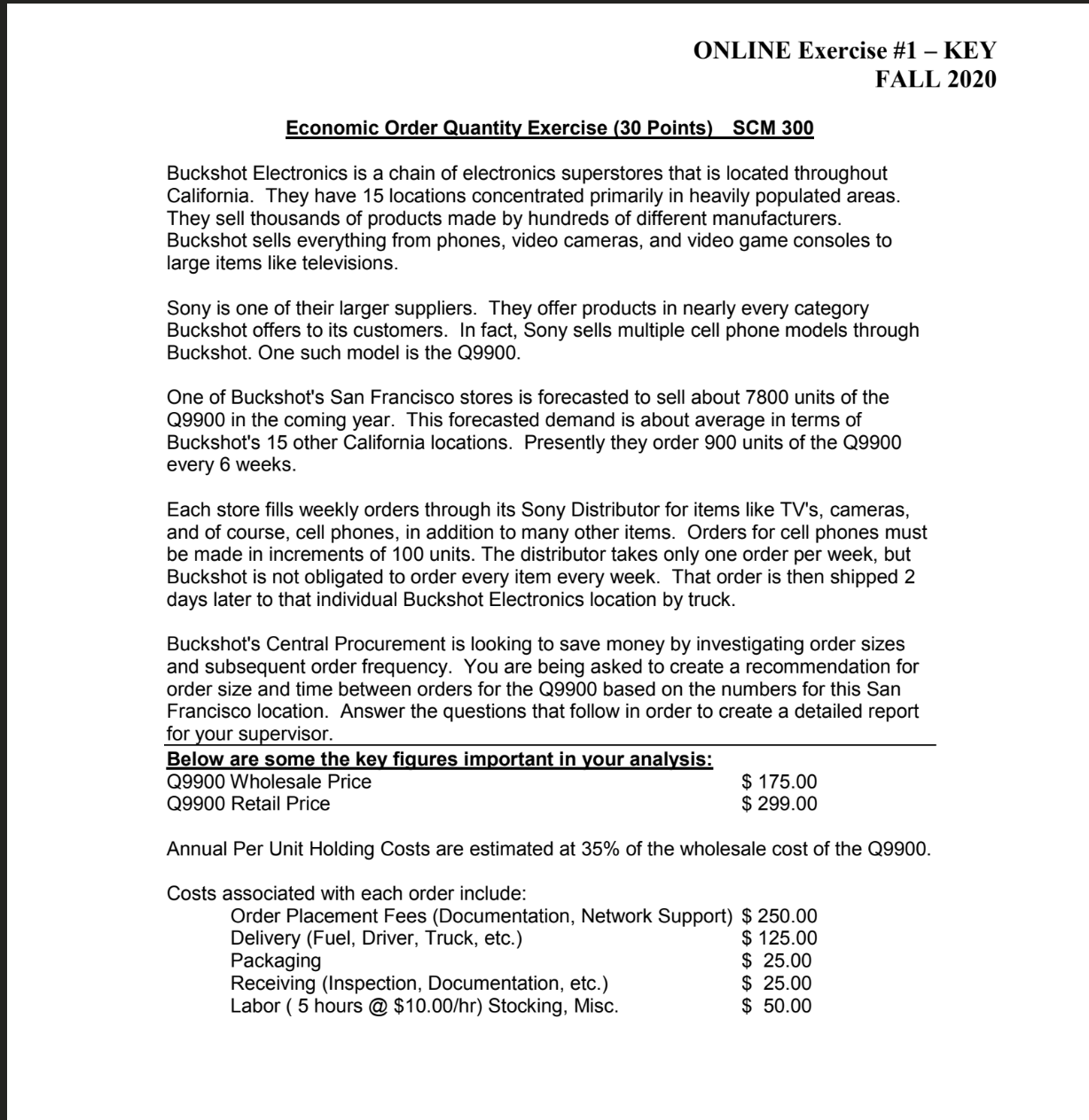  ONLINE Exercise #1- KEY FALL 2020 Economic Order Quantity Exercise (30