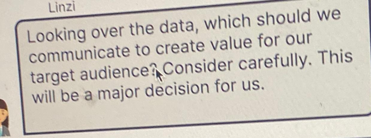  Linzi Looking over the data, which should we communicate to create