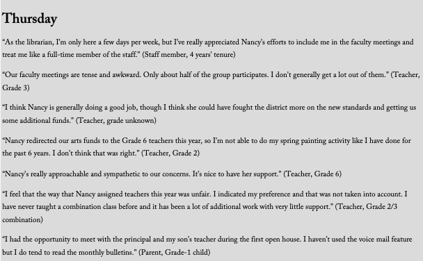 Nancy. Notice demographic details such as grade level, interviewee role, and tenure.