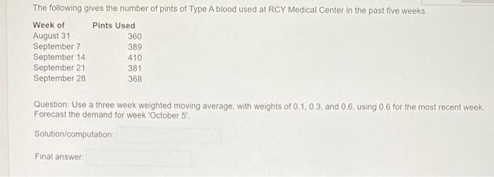  Question: Use a three week weighted moving average, with weights of