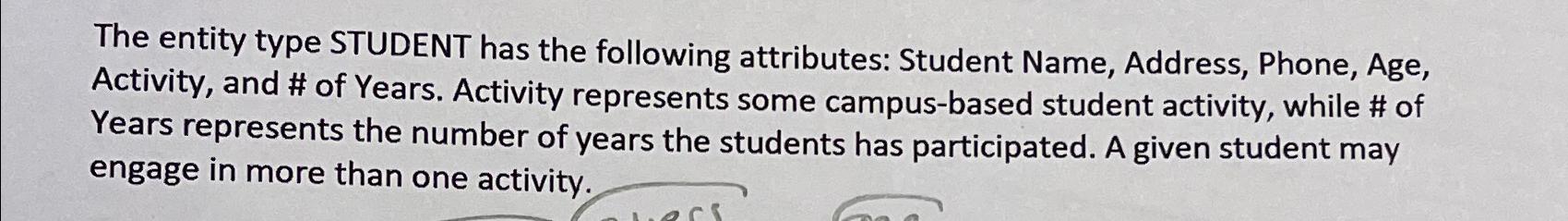  The entity type STUDENT has the following attributes: Student Name, Address,