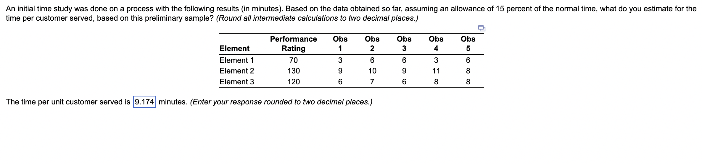  An initial time study was done on a process with the