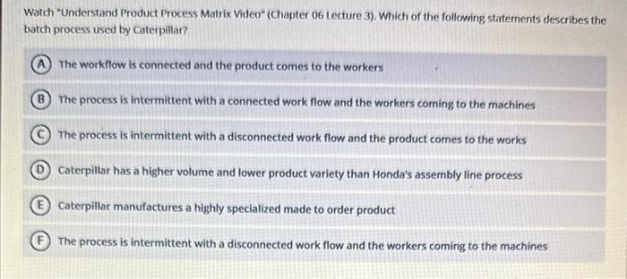  Watch "Understand Product Process Matrix Video" (Chapter 06 Lecture 3). Which