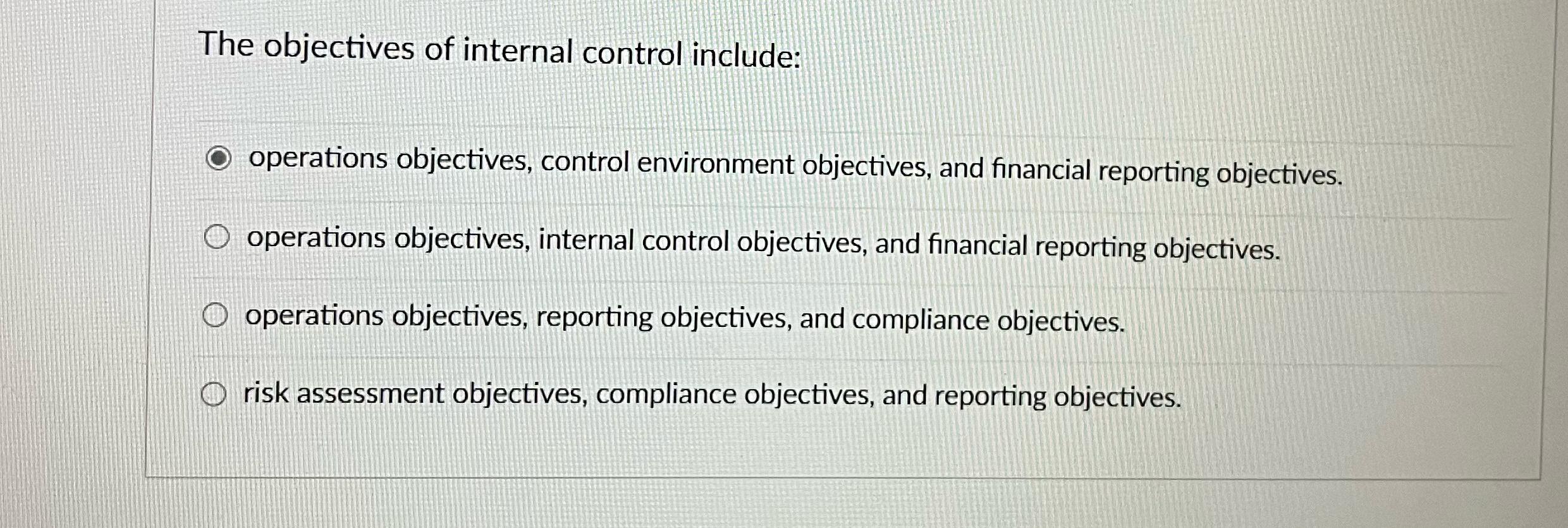  The objectives of internal control include: operations objectives, control environment objectives,