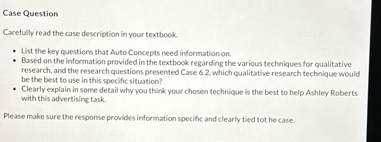  Case Question Carefully read the case description in your textbook. List