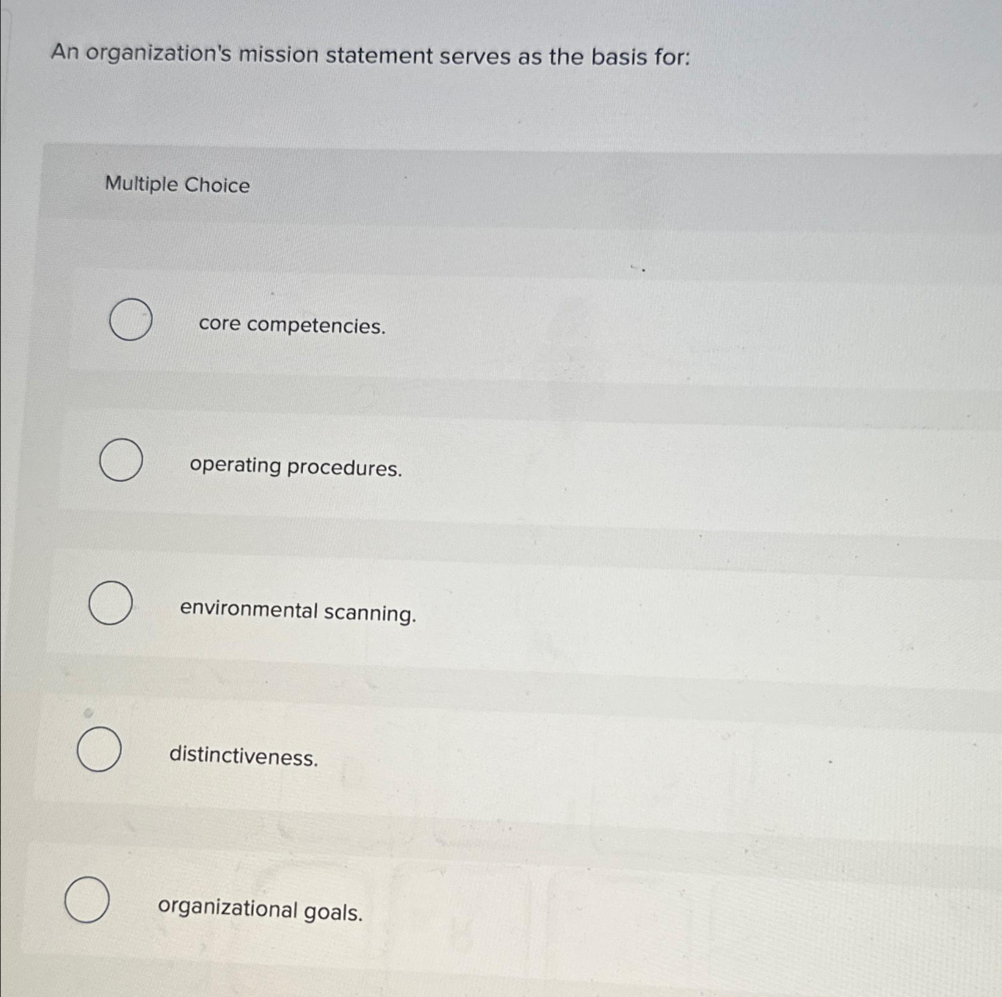  An organization's mission statement serves as the basis for: Multiple Choice