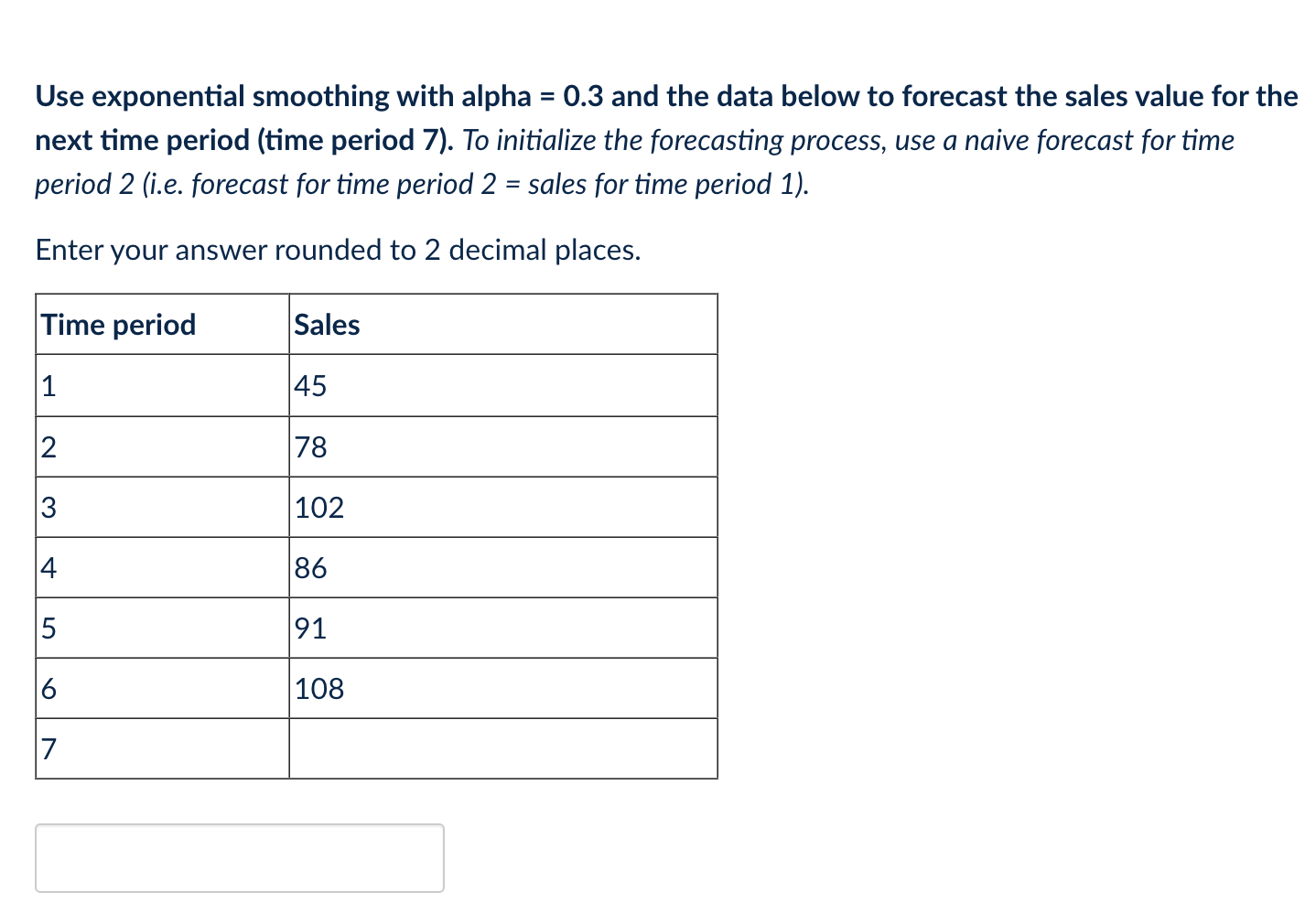  Use exponential smoothing with alpha =0.3 and the data below to