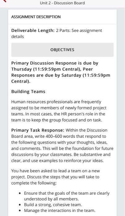  ASSIGNMENT DESCRIPTION Deliverable Length: 2 Parts: See assignment details OBJECTIVES Primary