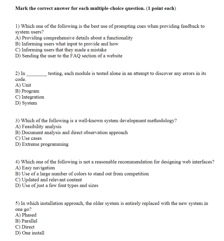  Mark the correct answer for each multiple-choice question. (1 point each)