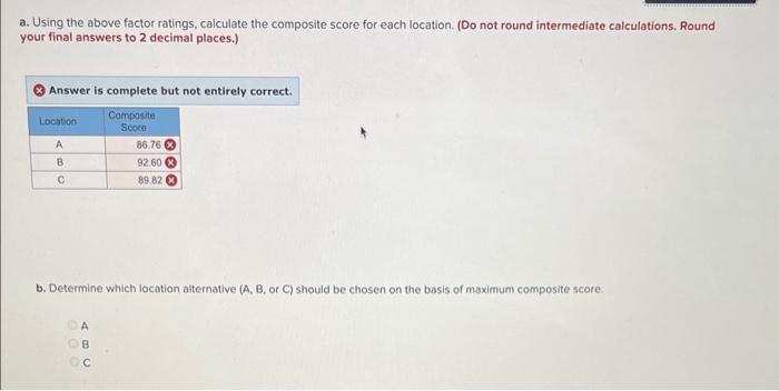 Using the above factor ratings, calculate the composite score for each location.