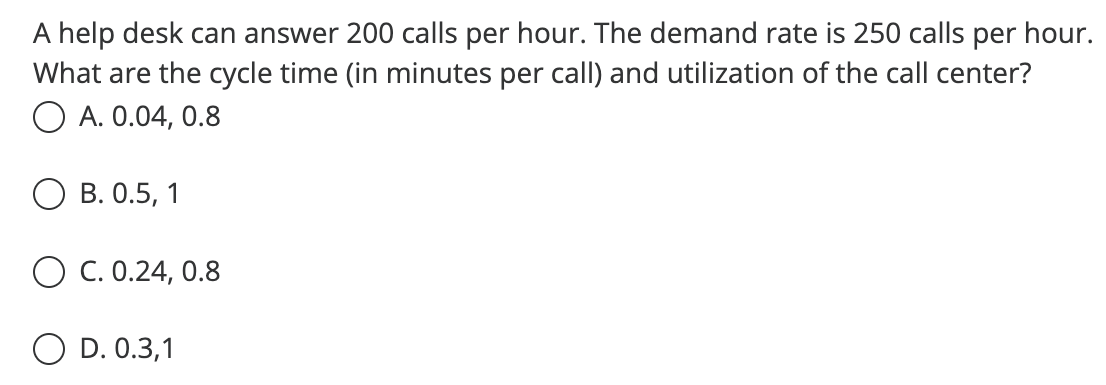  A help desk can answer 200 calls per hour. The demand