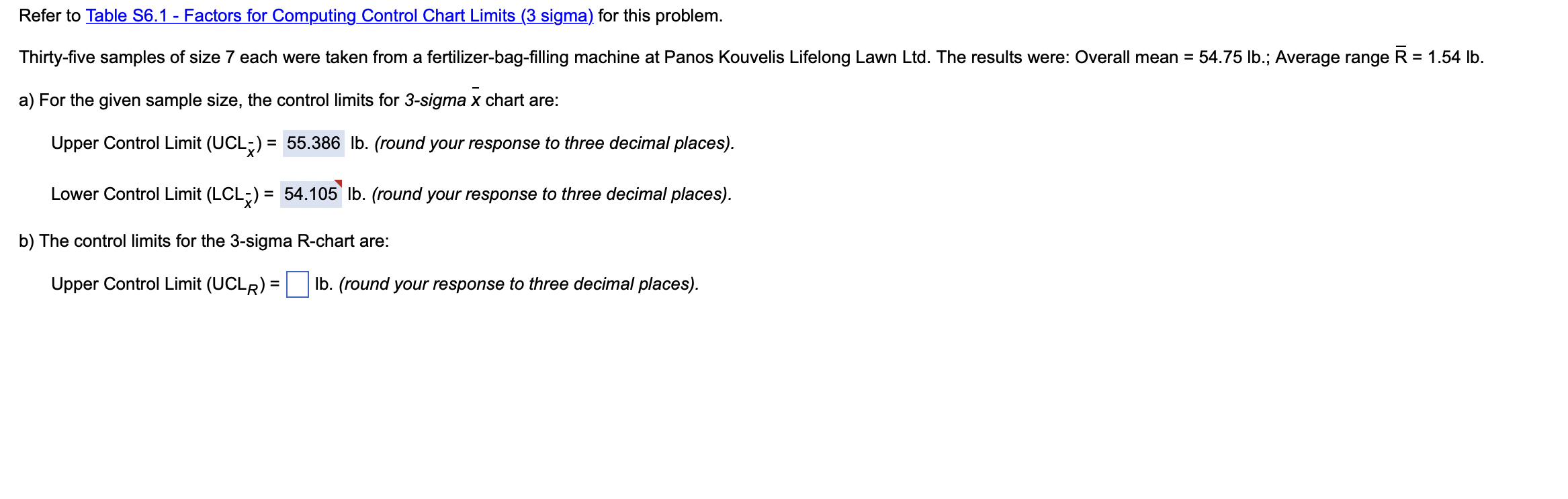  Refer to Table S6.1 - Factors for Computing Control Chart Limits