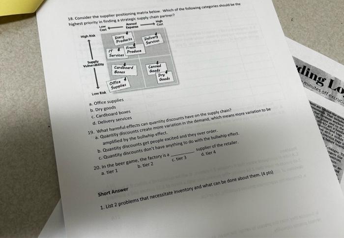  18. Consider the supplier postioning matrix below. Which at the followits