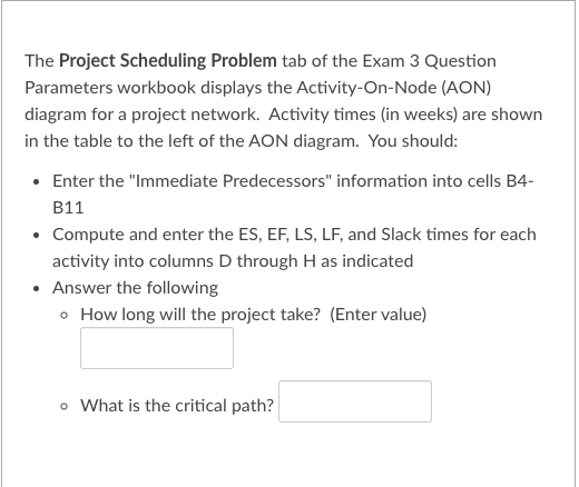 3 Question Parameters workbook displays the Activity-On-Node (AON) diagram for a project