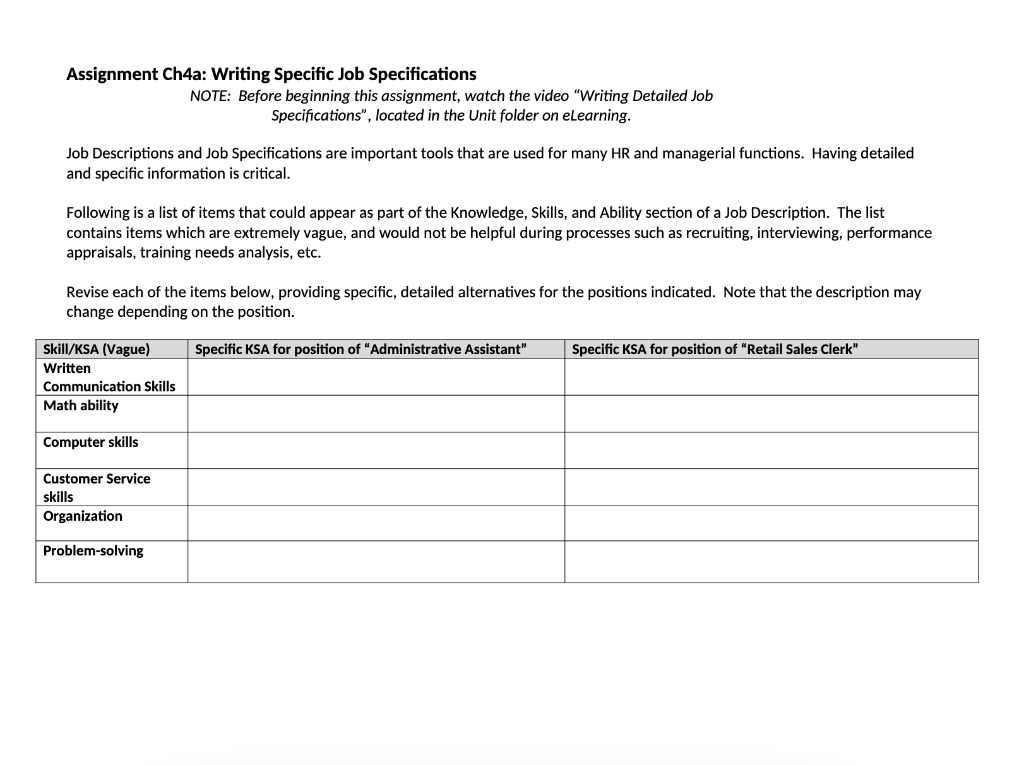 video link: https://youtu.be/Zg0fynzyFDU Assignment Ch4a: Writing Specific Job Specifications NOTE: Before beginning
