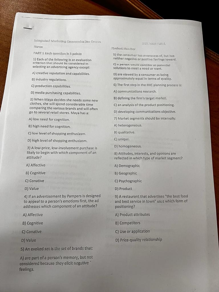  Integrated Martoting Communicaton Comses Name PART 1 Eech question is 3