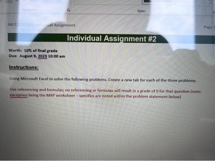  Instructions: Using Microsoft Excel to solve the following problems. Create a
