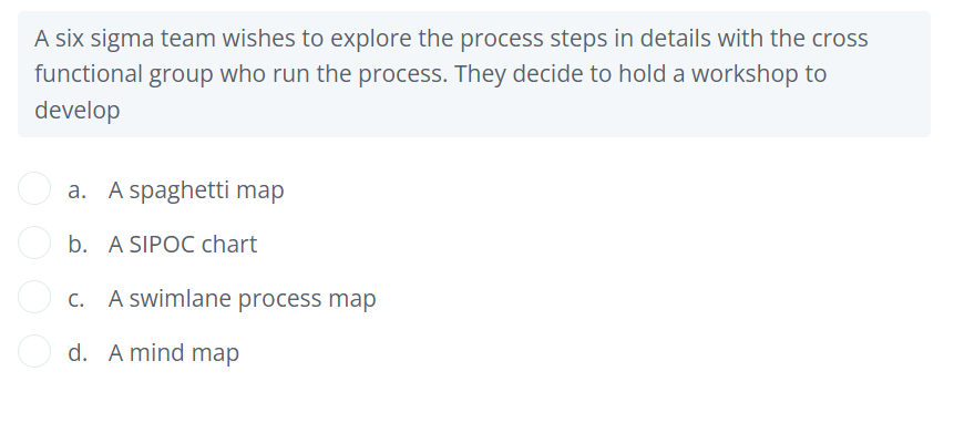  A six sigma team wishes to explore the process steps in