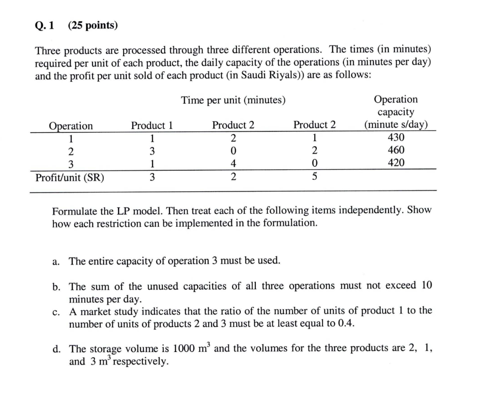 Three products are processed through three different operations. The times (in