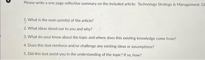  Please write a one page reflective summary on the included article: