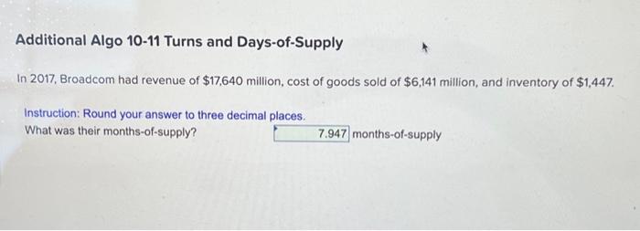  Additional Algo 10-11 Turns and Days-of-Supply In 2017, Broadcom had revenue