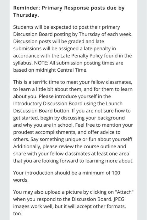  Reminder: Primary Response posts due by Thursday. Students will be expected