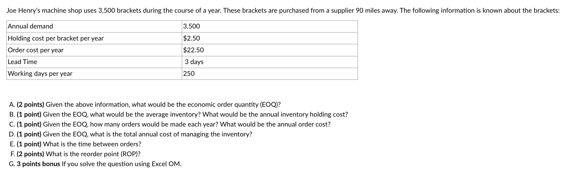 Please solve this question using ExcelOM operations management software A. (2 points)