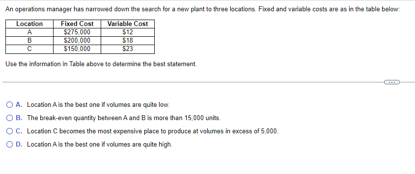  An operations manager has narrowed down the search for a new
