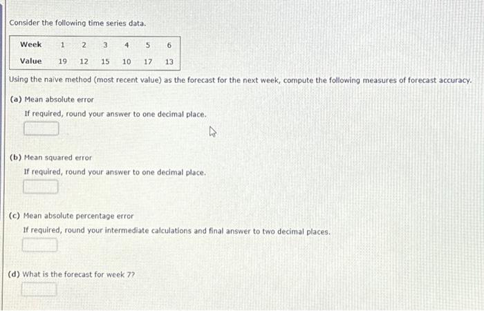  Consider the following time series data. Week Value 1 2 19