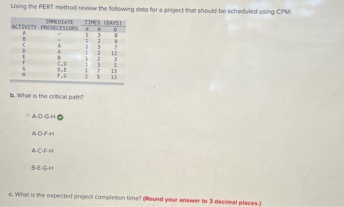  Using the PERT method review the following data for a project