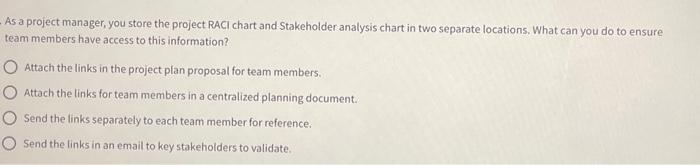  As a project manager, you store the project RACI chart and