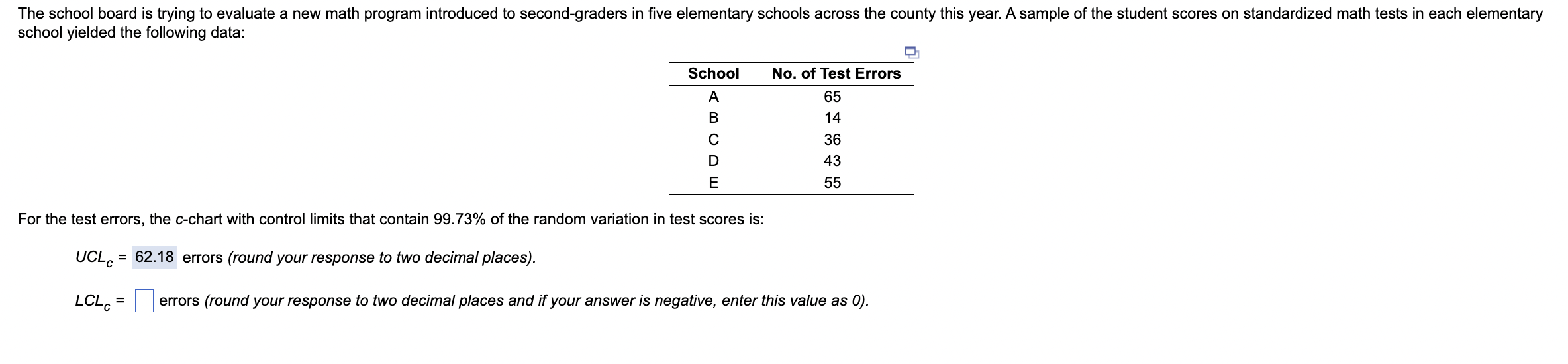  school yielded the following data: \table[[School,No. of Test Errors],[A,65],[B,14],[C,36],[D,43],[E,55]] For the